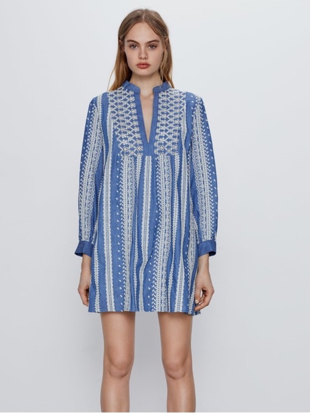 Zara Chambray Embroidered Mini Dress Women XS Blue White Boho Tunic Eyelet